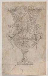 2 つのプッチ (人魚?) が飾られた花瓶。 1746 年にサリーがデザインした一連の花瓶の修復後のコピー (pl. 9)。 「Vasa a se inventa...」