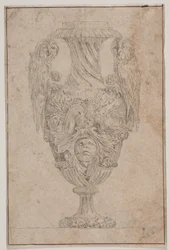 2 羽のフクロウと頭の装飾花瓶。 Plの後にコピーします。 1746年にサリーが描いた一連の花瓶の15、「Vasa a se inventa ...」