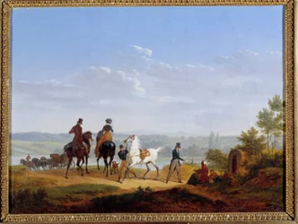 ジャック・フランソワ・ジョセフ・スウェバッハによる人物画と騎手絵画のある風景