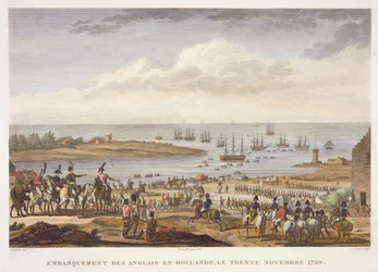 1799年11月30日、オランダでのイギリス人の乗船、ルイフランソワクーシュ（1782-1849）（アクアチント）によって彫刻