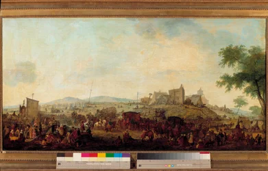 1788年8月5日から9月25日まで、サン・オメルの近くにコンデ公の指揮下で設置された軍事演習場の眺め この人はルイ5世ジョセフ・ド・ブルボン・コンデ（1736-1818）。ジャック・フランソワ・ジョセフ・スウェバック（1769-1823）による絵画 1788年 ス