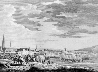 フランス革命と反革命運動の戦争。1793年、ダンケルク近くのホンスコートの戦いで、イギリスとオーストリアの反革命軍と戦ったフランスの勝利。スウェバックの後にベルソーが描いたエングレーヴィング。パリ、研究所の図書館
