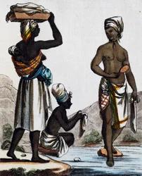 サント・ドミンゴの洗濯婦 ジャック・グラッセ・ド・サン＝ソーヴル（1757-1810）の『航海百科事典』に掲載されたラブローズ（1796年活躍）の図からのカラー・エングレーヴィング。