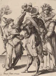 Zacharias Dolendo、1595-6年に捧げられた、カップルの前でトーチを握っている目隠しされたキューピッド（置かれた紙に彫刻）
