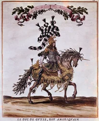1662年のカルーセルの手稿。1662年のカルーセル（ルイ14世時代にパリで開催された饗宴）に参加したアメリカ王のギーズ公爵。ジャック1世・バイリー（1629-1679）による挿絵。