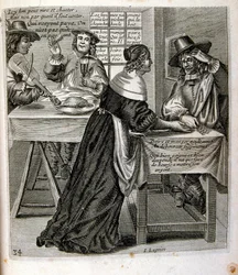 17世紀、箴言集からのエングレーヴィング図版。パリ1657-1663年。ジャック・ラニエ（1620-1675）作。フランスの版画家。社会批判的なエングレーヴィングや、時にグロテスクでファンタジックな挿絵など、嘲笑的な絵が多い。