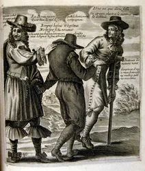 17世紀、箴言集からのエングレーヴィング図版。パリ1657-1663年。ジャック・ラニエ（1620-1675）作。フランスの版画家。社会批判的なエングレーヴィングや、時にグロテスクでファンタジックな挿絵など、嘲笑的な絵が多い。