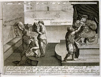 17世紀、箴言集からのエングレーヴィング図版。パリ1657-1663年。ジャック・ラニエ（1620-1675）作。フランスの版画家。社会批判的なエングレーヴィングや、時にグロテスクでファンタジックな挿絵など、嘲笑的な絵が多い。