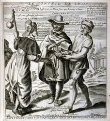 17世紀、箴言集からのエングレーヴィング図版。パリ1657-1663年。ジャック・ラニエ（1620-1675）作。フランスの版画家。社会批判的なエングレーヴィングや、時にグロテスクでファンタジックな挿絵など、嘲笑的な絵が多い。