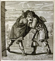 17世紀、箴言集からのエングレーヴィング図版。パリ1657-1663年。ジャック・ラニエ（1620-1675）作。フランスの版画家。社会批判的なエングレーヴィングや、時にグロテスクでファンタジックな挿絵など、嘲笑的な絵が多い。