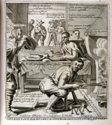 17世紀、箴言集からのエングレーヴィング図版。パリ1657-1663年。ジャック・ラニエ（1620-1675）作。フランスの版画家。社会批判的なエングレーヴィングや、時にグロテスクでファンタジックな挿絵など、嘲笑的な絵が多い。
