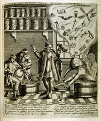 17世紀、箴言集からのエングレーヴィング図版。パリ1657-1663年。ジャック・ラニエ（1620-1675）作。フランスの版画家。社会批判的なエングレーヴィングや、時にグロテスクでファンタジックな挿絵など、嘲笑的な絵が多い。