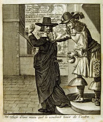 17世紀、箴言集からのエングレーヴィング図版。パリ1657-1663年。ジャック・ラニエ（1620-1675）作。フランスの版画家。社会批判的なエングレーヴィングや、時にグロテスクでファンタジックな挿絵など、嘲笑的な絵が多い。