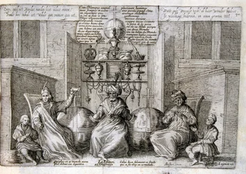 17世紀、箴言集からのエングレーヴィング図版。パリ1657-1663年。ジャック・ラニエ（1620-1675）作。フランスの版画家。社会批判的なエングレーヴィングや、時にグロテスクでファンタジックな挿絵など、嘲笑的な絵が多い。