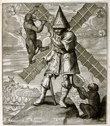 17世紀、箴言集からのエングレーヴィング図版。パリ1657-1663年。ジャック・ラニエ（1620-1675）作。フランスの版画家。社会批判的なエングレーヴィングや、時にグロテスクでファンタジックな挿絵など、嘲笑的な絵が多い。