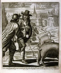 17世紀、箴言集からのエングレーヴィング図版。パリ1657-1663年。ジャック・ラニエ（1620-1675）作。フランスの版画家。社会批判的なエングレーヴィングや、時にグロテスクでファンタジックな挿絵など、嘲笑的な絵が多い。