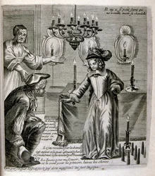 17世紀、箴言集からのエングレーヴィング図版。パリ1657-1663年。ジャック・ラニエ（1620-1675）作。フランスの版画家。社会批判的なエングレーヴィングや、時にグロテスクでファンタジックな挿絵など、嘲笑的な絵が多い。