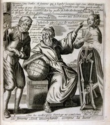 17世紀、箴言集からのエングレーヴィング図版。パリ1657-1663年。ジャック・ラニエ（1620-1675）作。フランスの版画家。社会批判的なエングレーヴィングや、時にグロテスクでファンタジックな挿絵など、嘲笑的な絵が多い。