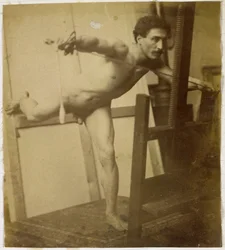 Jacques de Lalaing のスタジオでの裸の男性モデルの研究、右脚を後ろに傾けて前かがみになっている