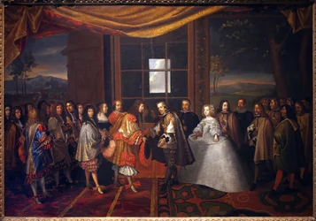 30 年戦争: 「1659 年 7 月 11 日のパイザン島でのフランス国王ルイ 14 世 (1638-1715) とスペイン国王フェリペ 4 世 (1605-1665) のインタビュー」 ピレネー。 フィリップ4世の娘、マリー・テレーズ（マリー・テレーズ）