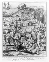 テオドール・ド・ブライ（1528-98）によって書かれ彫刻された「アメリカ」から彫刻を施した、インディアンが司祭や他の人々を攻撃して家に火をつけた