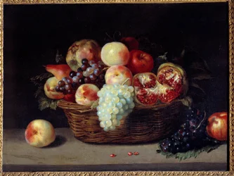 手榴弾と桃と葡萄のバスケット ジャック・リナール（1600-1645）の絵画 17世紀 日0,46x0,61 m