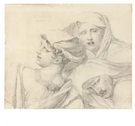 クラシックなドレスを着た3人の女性、バストの長さ、苦悩の表情、1819年