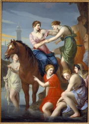古代ローマ。"Clelie passing the Tiber" ローマを包囲していたエトルリアの王ポルセンナの人質となっていたローマのヒロインは、紀元前507年に仲間とともにテベレ川を渡って脱出した。ジャック・ステラ（1596-1657）による絵画 17世紀 日