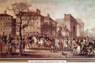 1814 年のフランス戦役: 「1814 年 9 月 3 日にマレシャル モンシーが指揮する国家警備隊に護衛された連合軍 (ロシアとプロイセンを含む) の捕虜のパリでのアントレ」ジャック スウェバッハ デフォンテーヌ (1769 年-) によるリトグラフ 1823)