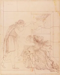 ピュロスの足元にいるアンドロマック」ジャン・ラシーヌ（1639-1699）の「アンドロマック」の挿絵、ジャック・ド・セーヴ（1742-1788）作、素描