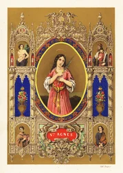 ローマの聖アグネスの肖像画、処女殉教者、光輪とヤシの葉が飾り枠内にある