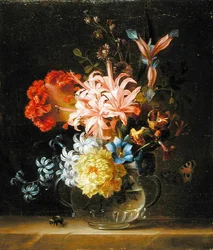 ガラス瓶の花の静物画、マルハナバチと蝶々（油彩・キャンバス）