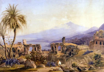 シチリア島のタオルミナ：遺跡とエトナ。1850年頃、Jacob Suterが描いたもの。