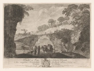 2 つの岩の間に木製の橋がある山の風景