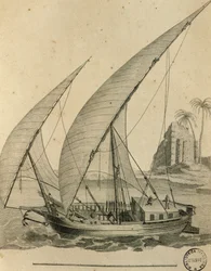 エジプト・ヌビアの帆船（「Cartes et figures du Voyage en Nubie et en Abyssinie, James Bruce」より）。