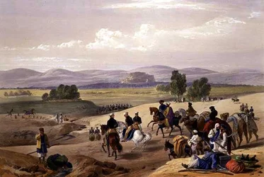 クウェッタ要塞へのアプローチ（『アフガニスタンでのスケッチ』より） チャールズ・ハーゲ（1810-88）とルイス・ハーゲ（1806-85）が彫刻し、ヘンリー・グレーブスが出版したもの。