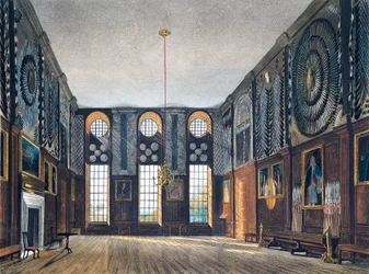 衛兵室」 リチャード・リーヴ（1780年生まれ）のエングレーヴィング、ジェームズ・ステファノフ（1788年頃～1874年）のデザインに基づく、『王宮の歴史』より