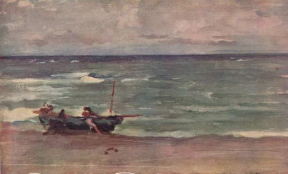 ブルーとシルバーのハーモニー：ボートの浜辺、エトルタ、c1897