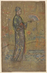 扇子の絵を描く日本人女性、立っている女性のドレスを持ち上げるc。 1872年。