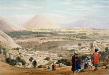 城塞からのカブール、旧城壁都市、最初のアングロアフガン戦争1838-1842を示す