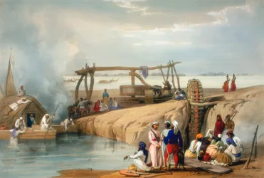 1842年にパンジャブ州のスルティ川から水を上げるペルシャの車輪