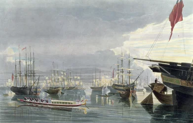ロバートハヴェルザヤンガー（1793-1878）（アクアチント）によって彫刻された1837年スミスドック近くからの川、海運、カルカッタの町の眺め