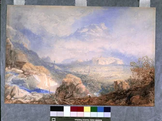 Vale do Ródano com a cidade e a cidadela de Sion, na Suíça (aquarela e guache sobre papel off-white)