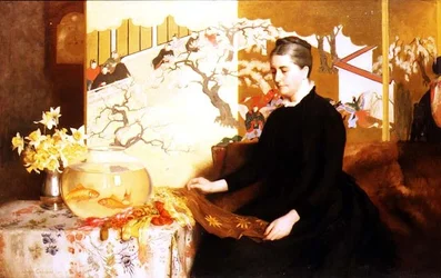屏風と金魚を持つ女（画家の母の肖像