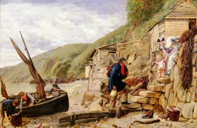 ようこそ、ボニーボート！フィッシャーマンズリターン、1856年、ノースデボンのクロベリーでのシーン