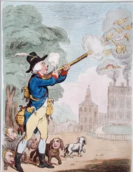 ハンナ・ハンフリーが1792年に出版した「A Good Shot, or Billy-Ranger the Game-Keeper in a fine Sporting Country」（手彩色のエッチング）。
