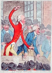 ハンナ・ハンフリーが1796年に出版した「ハックニーの集会」（手彩色のエッチング）