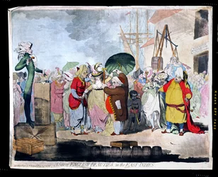 1786年にW.ホランドによって出版された『東インドにおけるイギリス美女の販売』（アクアチントによる手彩色エッチング）