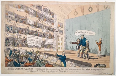 1809年に出版された国立劇場コヴェントガーデンでの演技としての初登場である行政官代行（手描きのエッチング）
