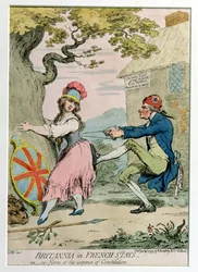 1793年にハンナハンフリーによって発行された、フランス滞在中のブリタニア、または憲法上の費用での再編成（手描きのエッチング）